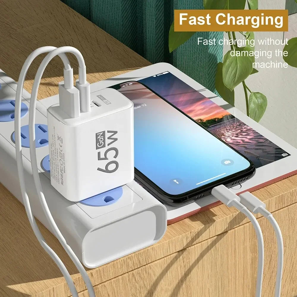 65W Gan Charger USB PD Type C Fast Charging 3 Ports Phone Adapter QC3.0 for Iphone 15 Pro Max Samsung Galaxy S23 Xiaomi Huawei